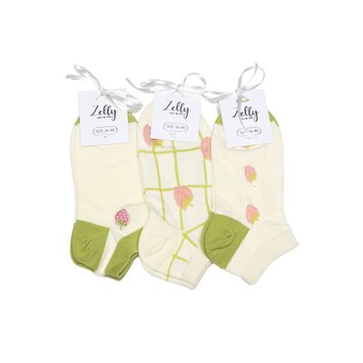 Pack 3 Zelly Trainer Socks  Womens Strawberry  Cream Green  Size 3 to 7