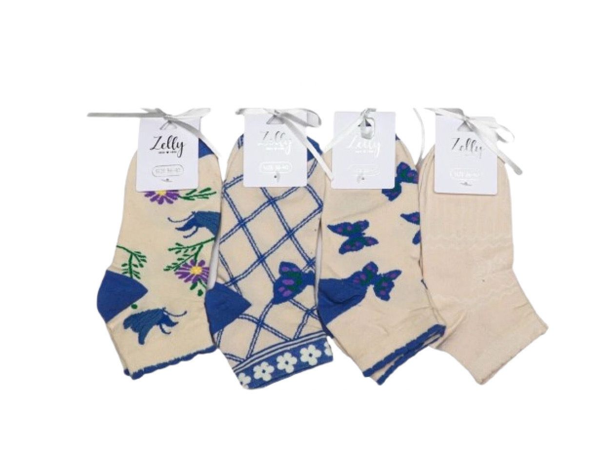 Pack 4 Zelly Womens Butterfly Socks Cream Blue Size 3 to 7