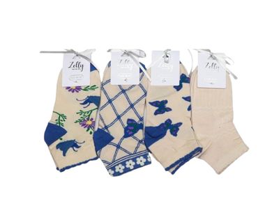 Pack 4 Zelly Womens Butterfly Socks Cream Blue Size 3 to 7