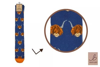 Bartleby Women's Highland Cow Welly Boot Socks Blue Sizes 4-8