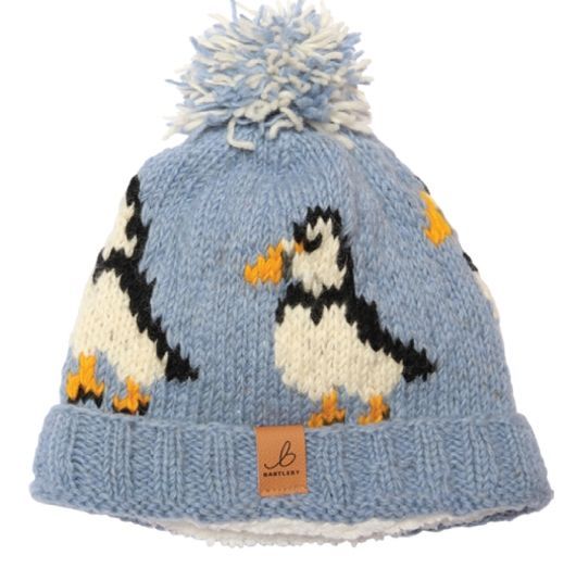Puffin Bird Woolly Bobble Beanie Hat Fleece Lined Handknitted
