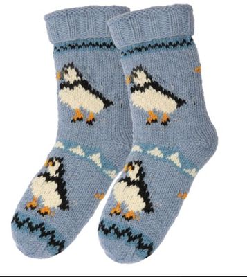 Puffin Bird Woolly Thick Socks Fleece Lined Handknitted