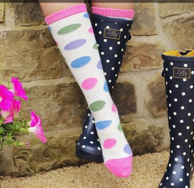 Zelly Boot Welly Socks Cream Circle Pink Toes