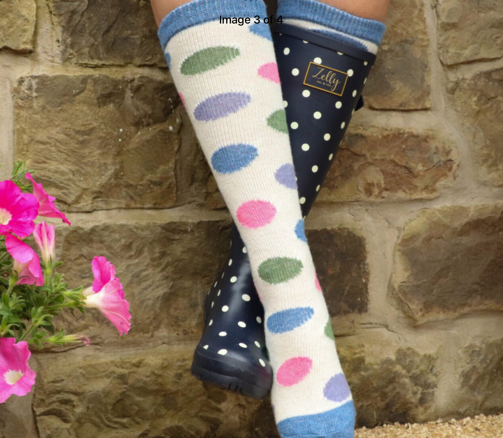 Zelly Boot Welly Socks Cream Circle Blue Toes