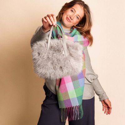 Zelly Grey Fur Handbag With Cross Body Handle Trending