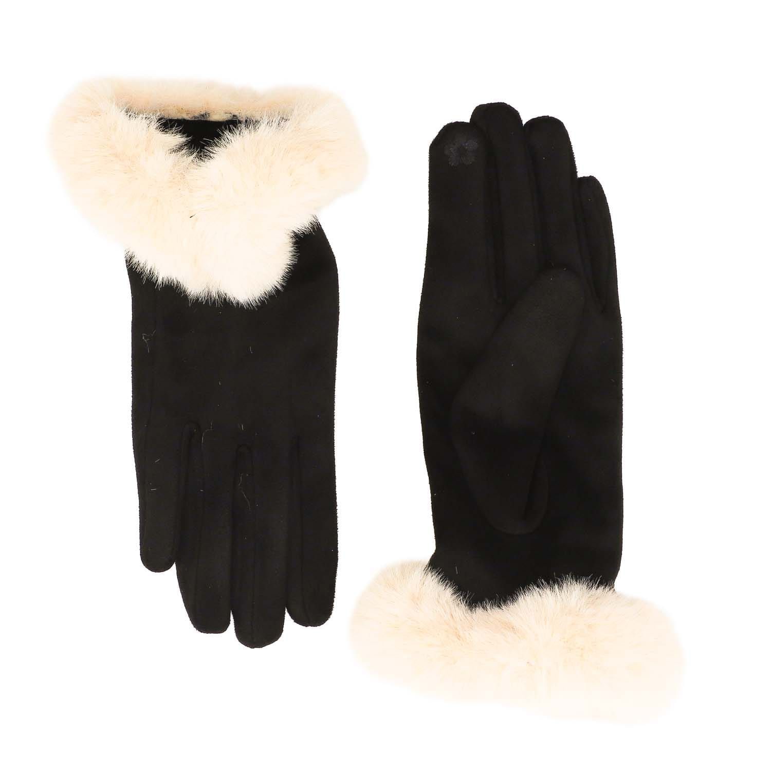 Zelly Ladies  Black Gloves Cream Faux Fur Cuff