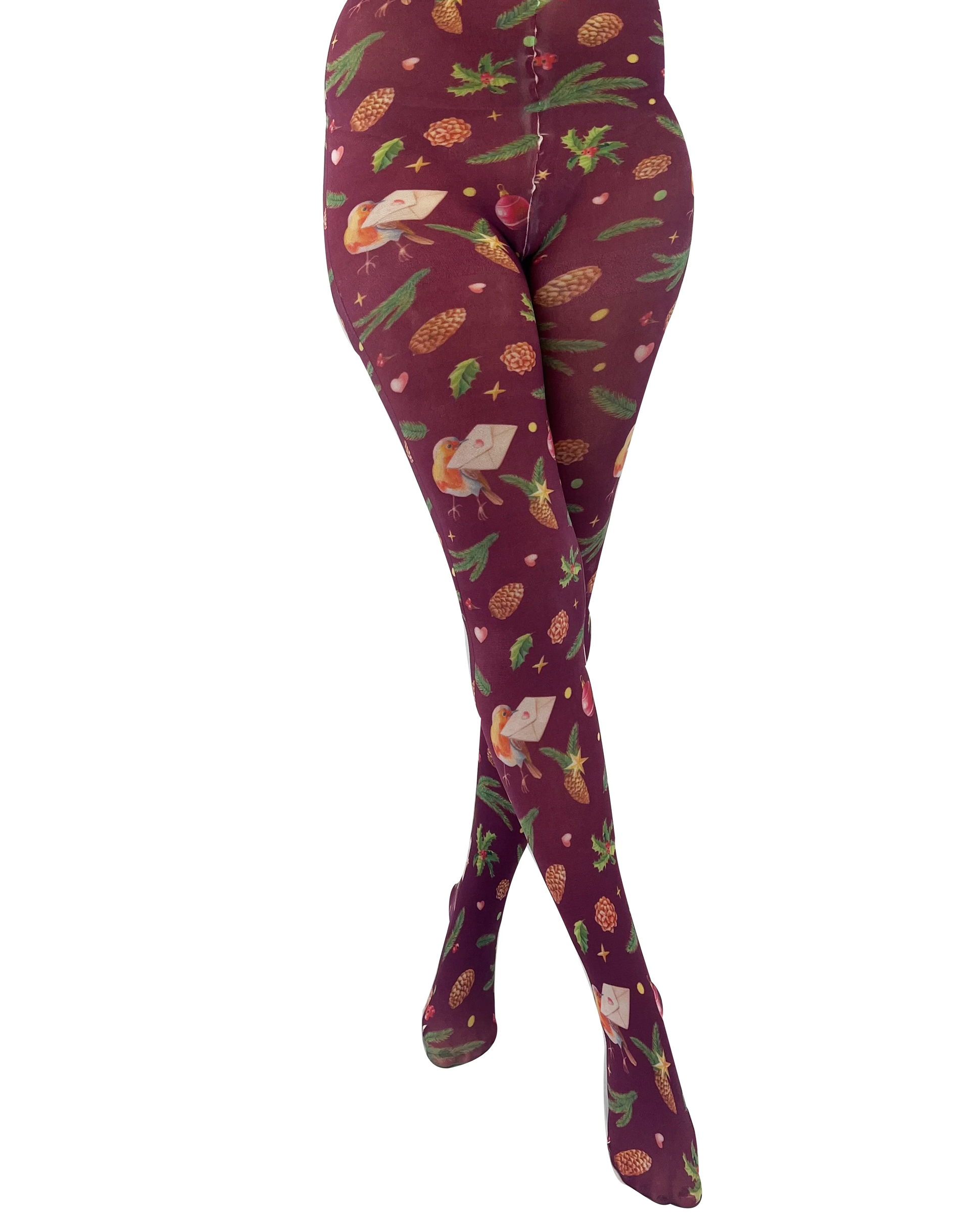 PAMELA MANN Burgundy Christmas Robin Printed Tights Ladies
