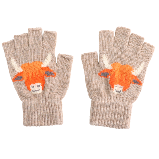 Highland Cow Fingerless Gloves Beige