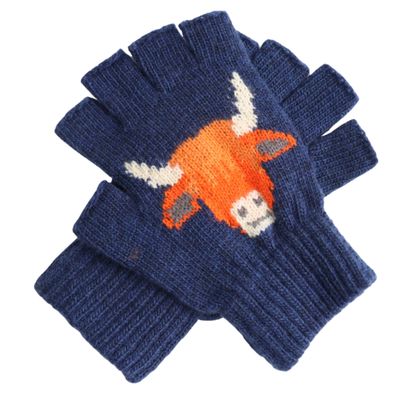 Highland Cow Fingerless Gloves Blue