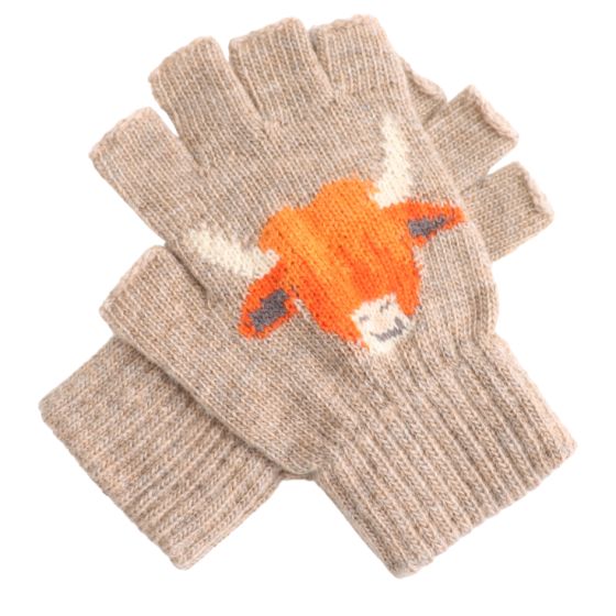 Highland Cow Fingerless Gloves Beige Highland Cow Fingerless Gloves Beige