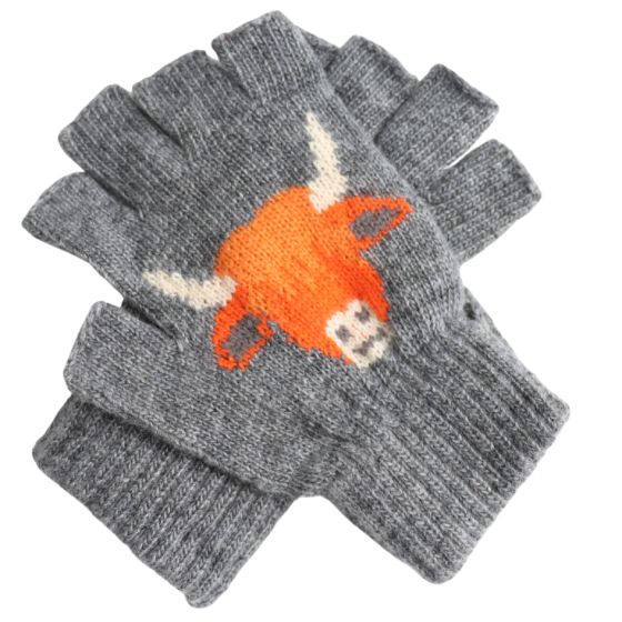 Highland Cow Fingerless Gloves Grey Highland Cow Fingerless Gloves Grey
