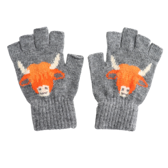 Highland Cow Fingerless Gloves Grey