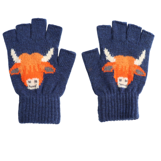 Highland Cow Fingerless Gloves Blue