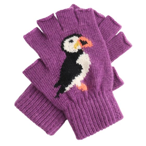 Puffin Fingerless Gloves Purple