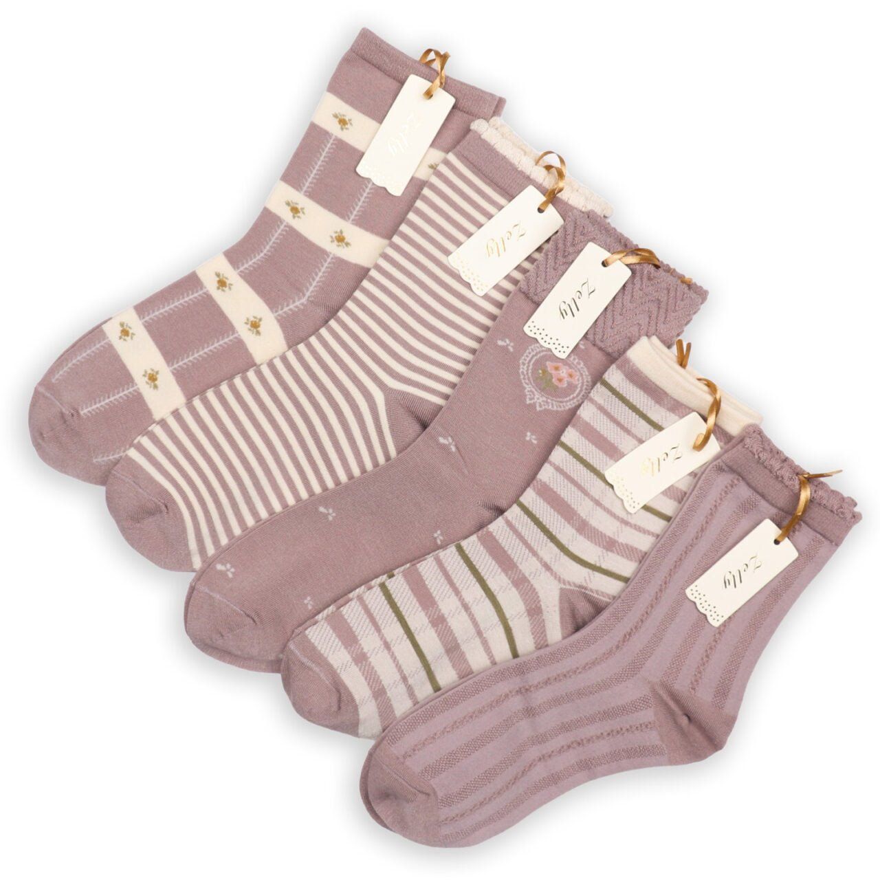 Pack 5 Zelly Ankle Socks Womens Lilac Flowers Stripes Pack 5 Zelly Ankle Socks Womens Lilac Flowers Stripes