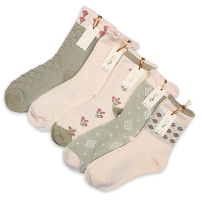 Pack 5 Zelly Ankle Socks Womens  Green Cream  Flowers Size 3 to 7