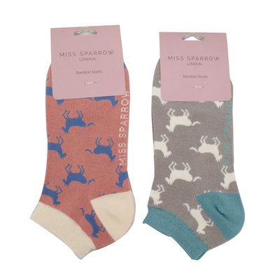2 Pairs Miss Sparrow Bamboo Trainer Socks Dusky Pink Grey Horses Bamboo Mix