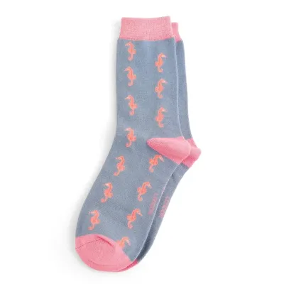 MISS SPARROW Seahorse Socks Denim Blue Super Soft Breathable Bamboo Blend