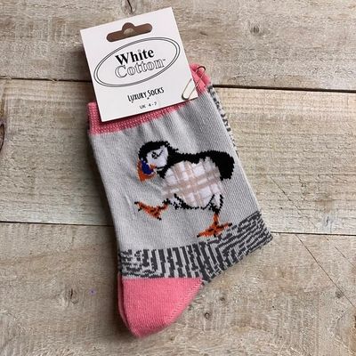 Puffin Socks Luxury Cotton Blend Pink Grey Size 4 to 7