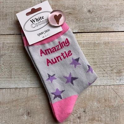 White Cotton  Amazing Auntie Socks Luxury Blend Pink Grey Size 4 to 7