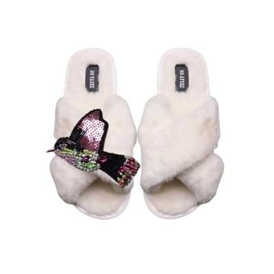 Zelly ladies Slippers Soft Fluffy Slider Style With Pink Humming  Bird Size 6