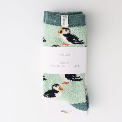 MISS SPARROW Socks Fluffy Winter Puffin Mint