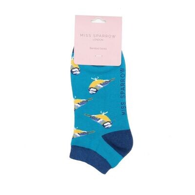 MISS SPARROW Bluetit Bird Trainer Socks Super Soft Bamboo Mix Teal 1 Pair Size 4 to 7