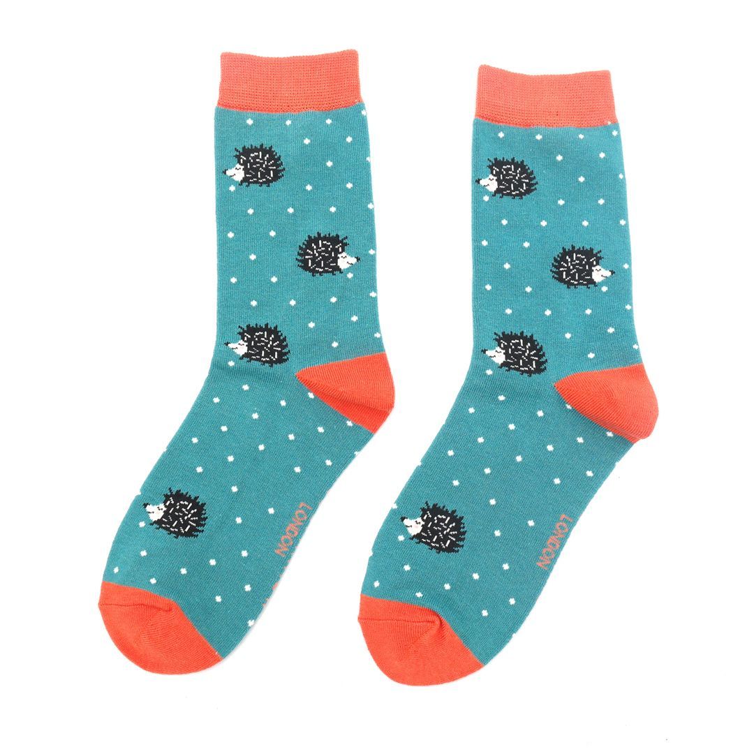 MISS SPARROW Sleepy Hedgehog Socks  Teal Soft Bamboo Blend