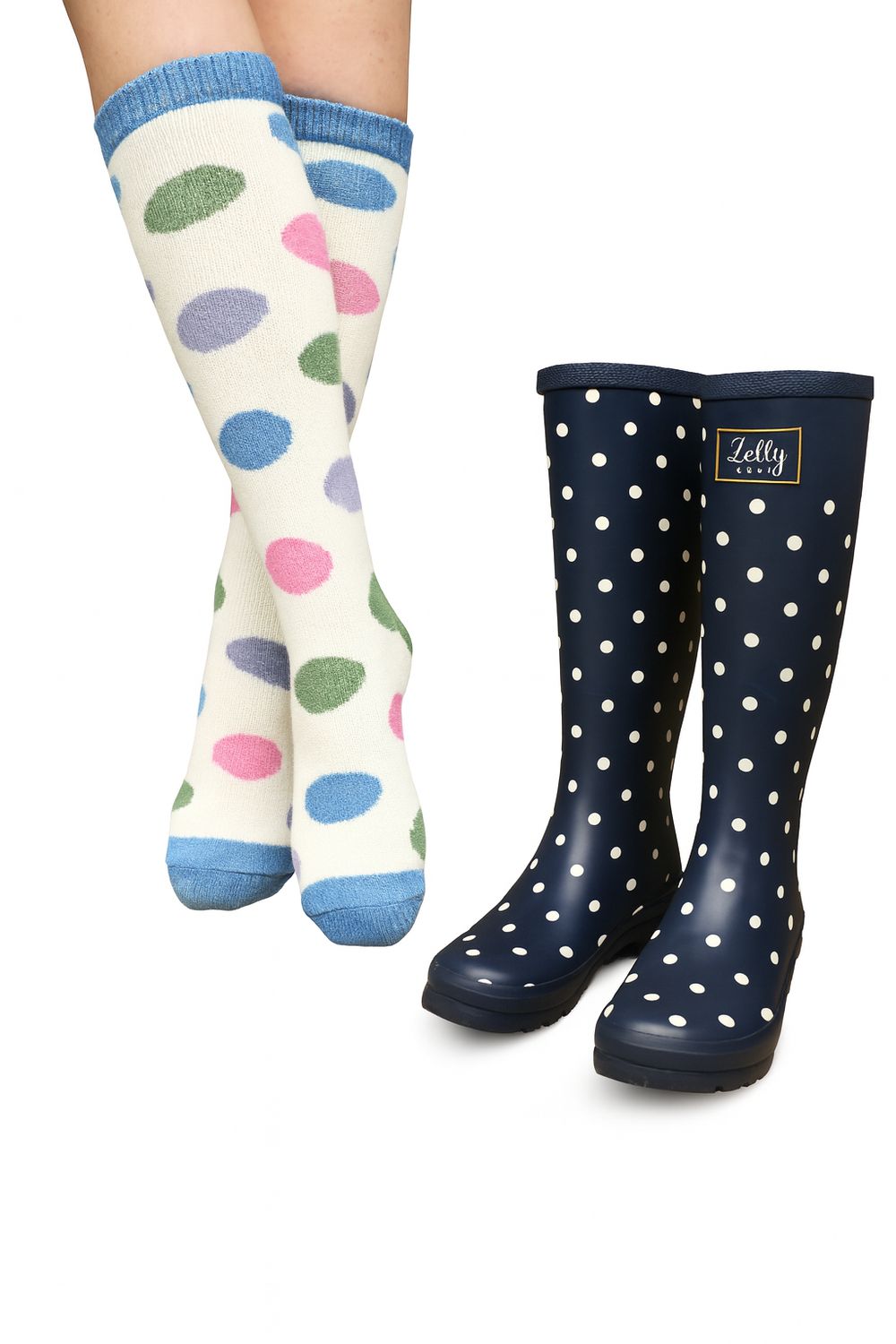 Zelly Boot Welly Socks Cream Circle Blue Toes