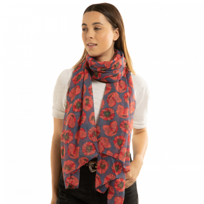 Red Cuckoo Poppy Scarf Navy Lightweight Fabric