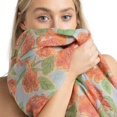 Miss Sparrow Rose Scarf Green Pink Lightweight Fabric