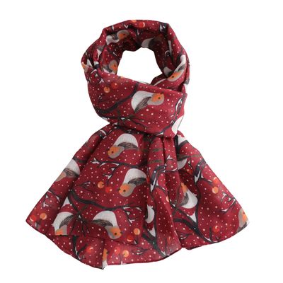 Red Cuckoo Robin Scarf Lightweight Polyester Red Cuckoo Robin Scarf Lightweight Polyester