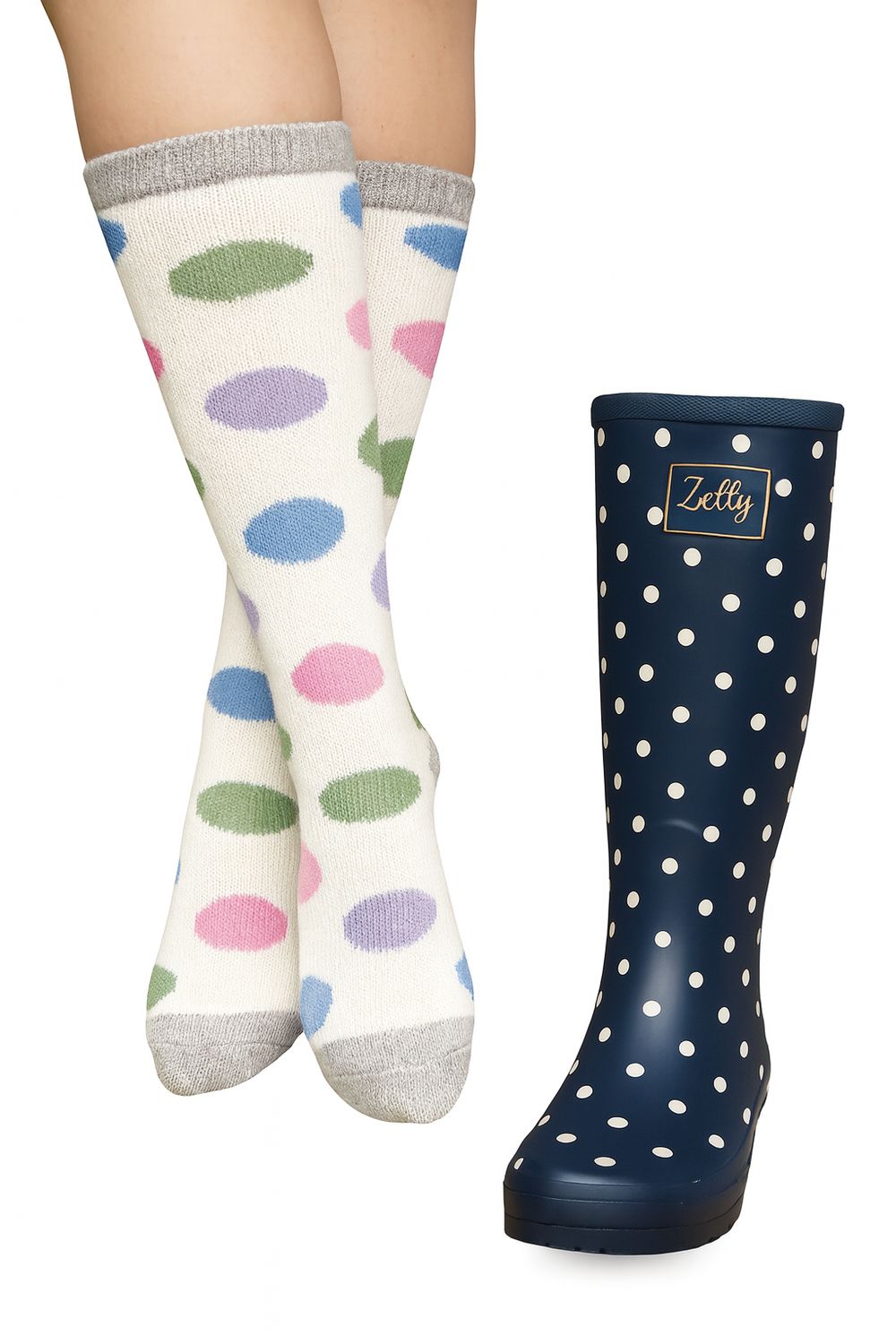 Zelly Boot Welly Socks Cream Circle Grey Toes