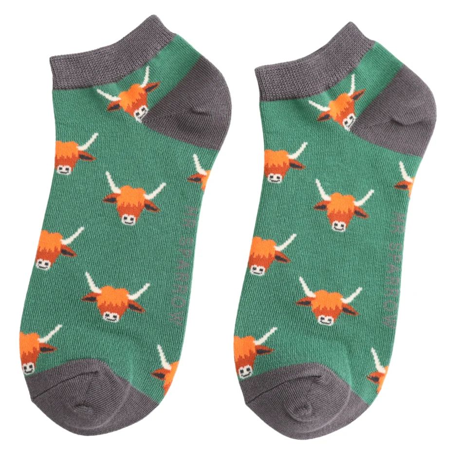 Mr Sparrow Trainer Socks Highland Cow Hairy Coo Green