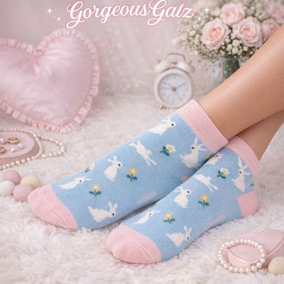 Bunnies & Daisies  Rabbit Trainer Socks Powder Blue
