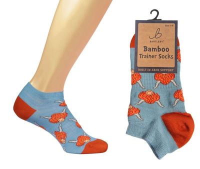 Bartleby Highland Coo Blue  Trainer Socks Bamboo Mix Arch Support