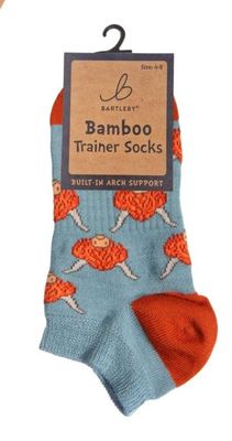 Bartleby Highland Coo Blue  Trainer Socks Bamboo Mix Arch Support