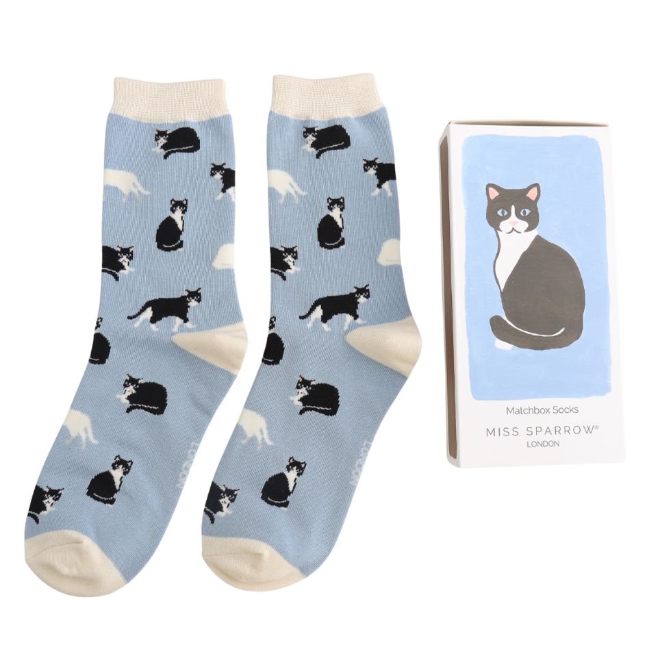 Miss Sparrow Blue Cat  Matchbox Socks The Perfect Gift