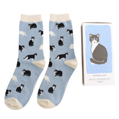Miss Sparrow Blue Cat  Matchbox Socks The Perfect Gift