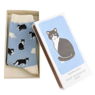 Miss Sparrow Blue Cat  Matchbox Socks The Perfect Gift