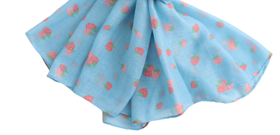 Pure Fashions Mini Strawberries Scarf Pale Blue Soft Lightweight Polyester