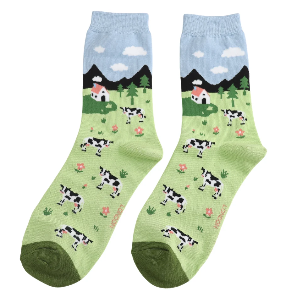 MISS SPARROW Cows In The Field Socks  Bamboo Blend