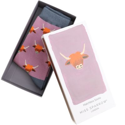 Miss Sparrow Matchbox Socks Highland Cows Gift