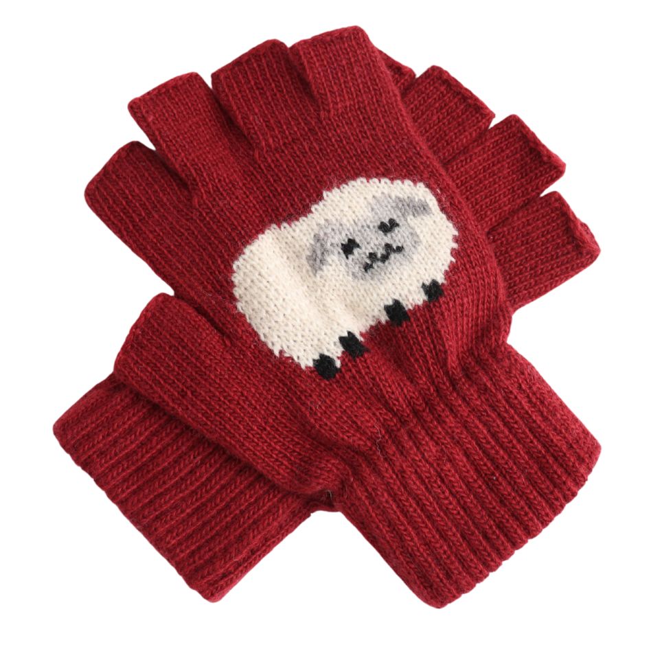 Fingerless Knitted Sheep Gloves Red