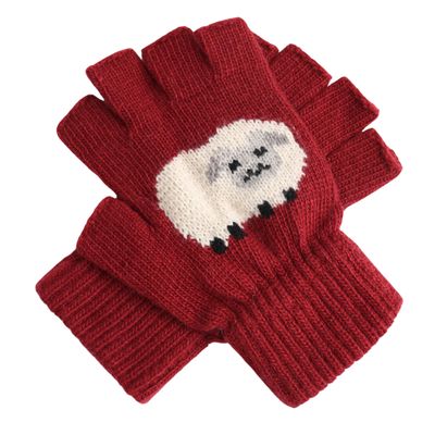 Fingerless Knitted  Sheep  Gloves Red