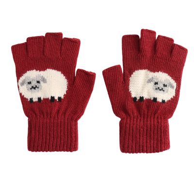 Fingerless Knitted  Sheep  Gloves Red