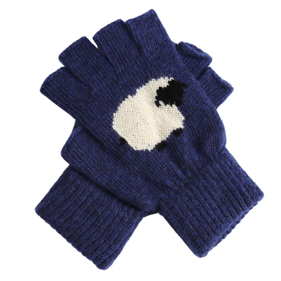Fingerless Knitted Sheep Gloves Navy