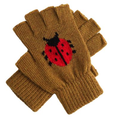 Fingerless Knitted Ladybird  Gloves Mustard