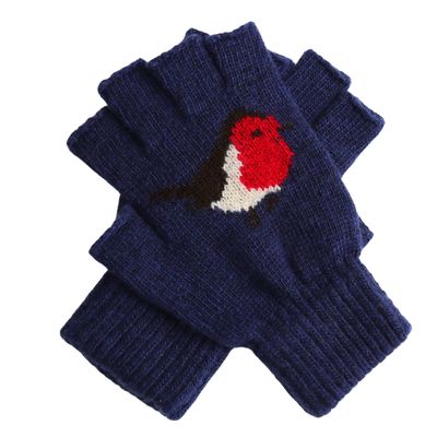 Knitted Fingerless Robin Gloves Navy