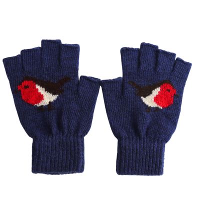 Knitted Fingerless Robin Gloves Navy